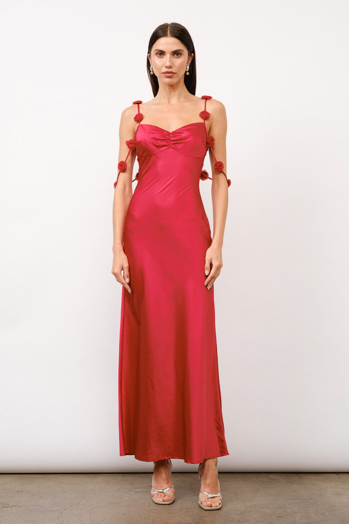 Rosette Trim Strap Satin Maxi Dress