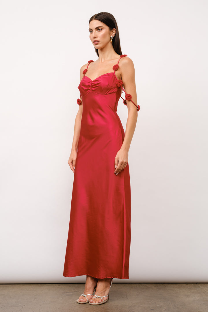 Rosette Trim Strap Satin Maxi Dress