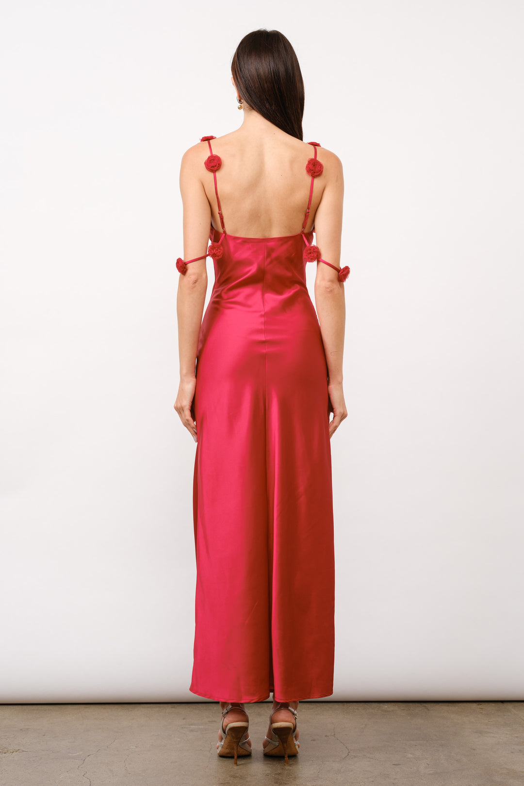 Rosette Trim Strap Satin Maxi Dress