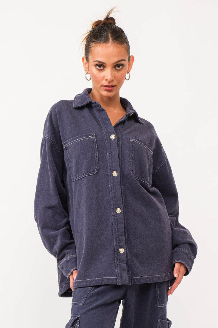 Karina Loop Terry Button-Up Utility Shirt - Navy