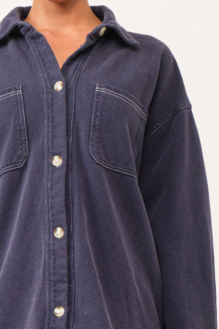 Karina Loop Terry Button-Up Utility Shirt - Navy