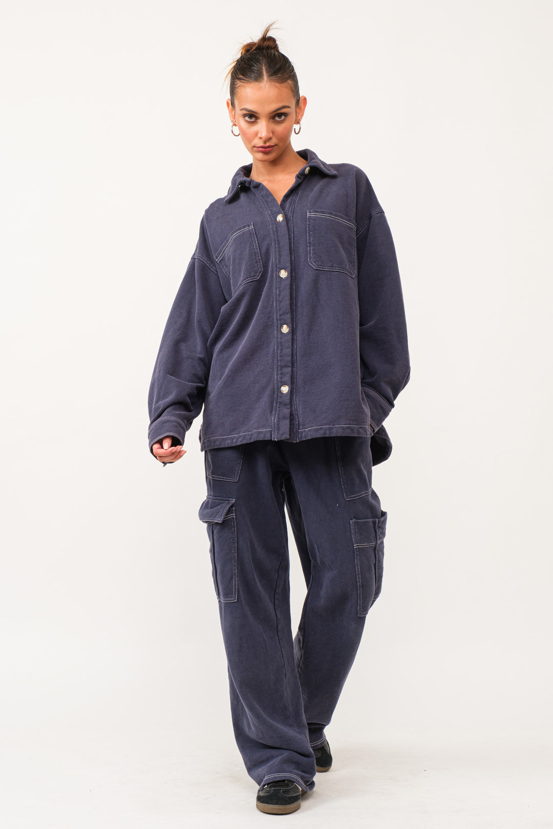 Karina Loop Terry Button-Up Utility Shirt - Navy