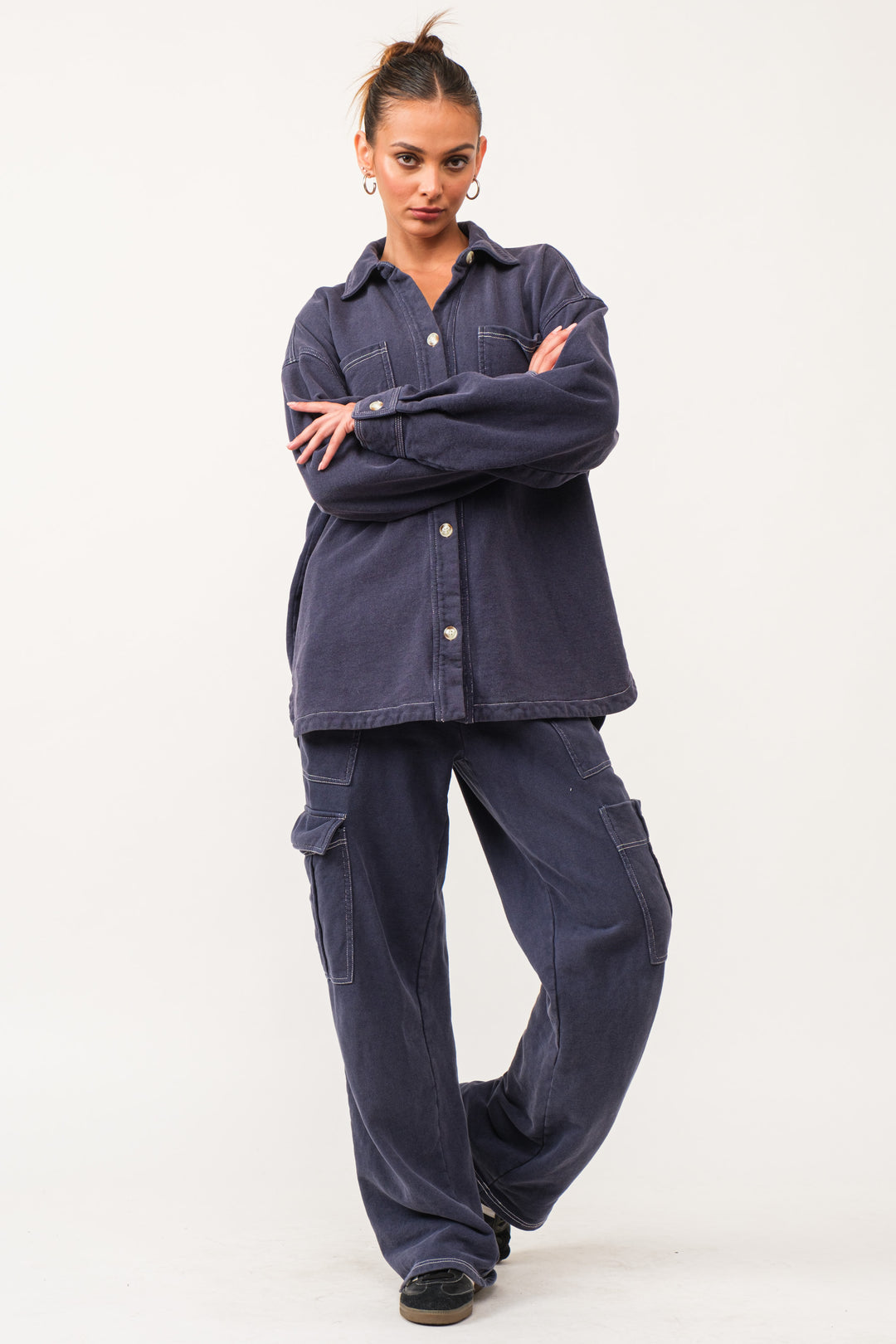 Karina Loop Terry Button-Up Utility Shirt - Navy