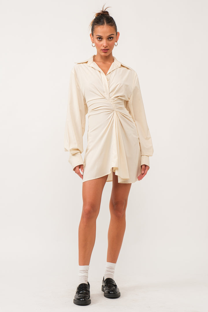 Jennie Cinched-Waist Mini Shirtdress - Ivory