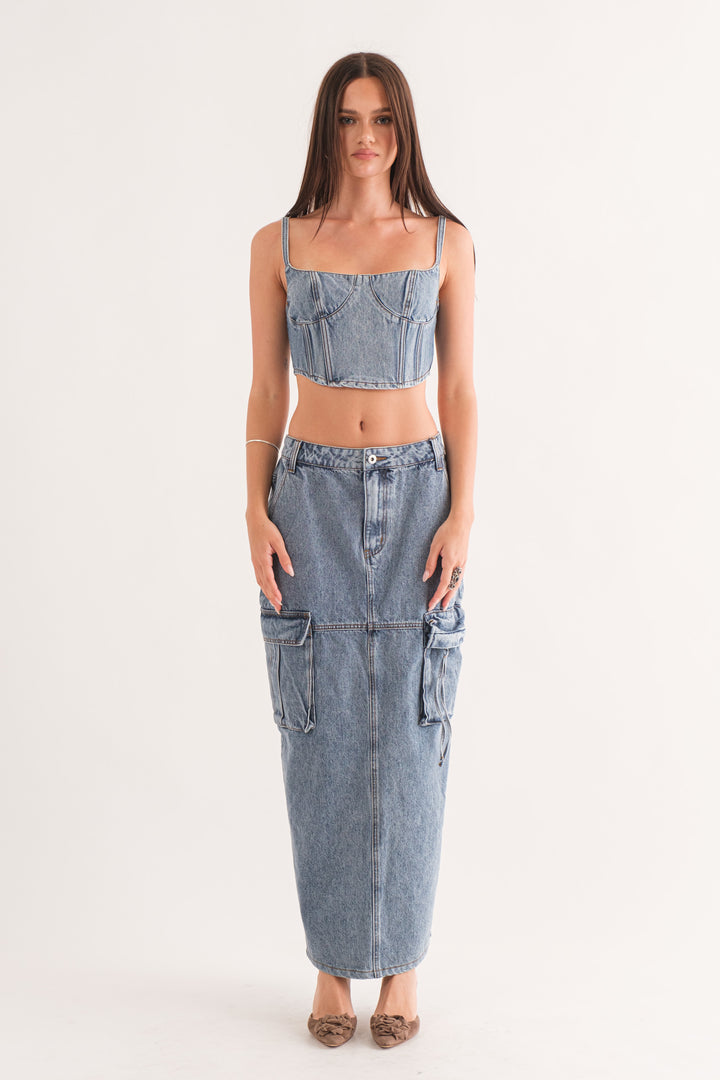 Tess Cropped Denim Bustier Top - Medium Wash