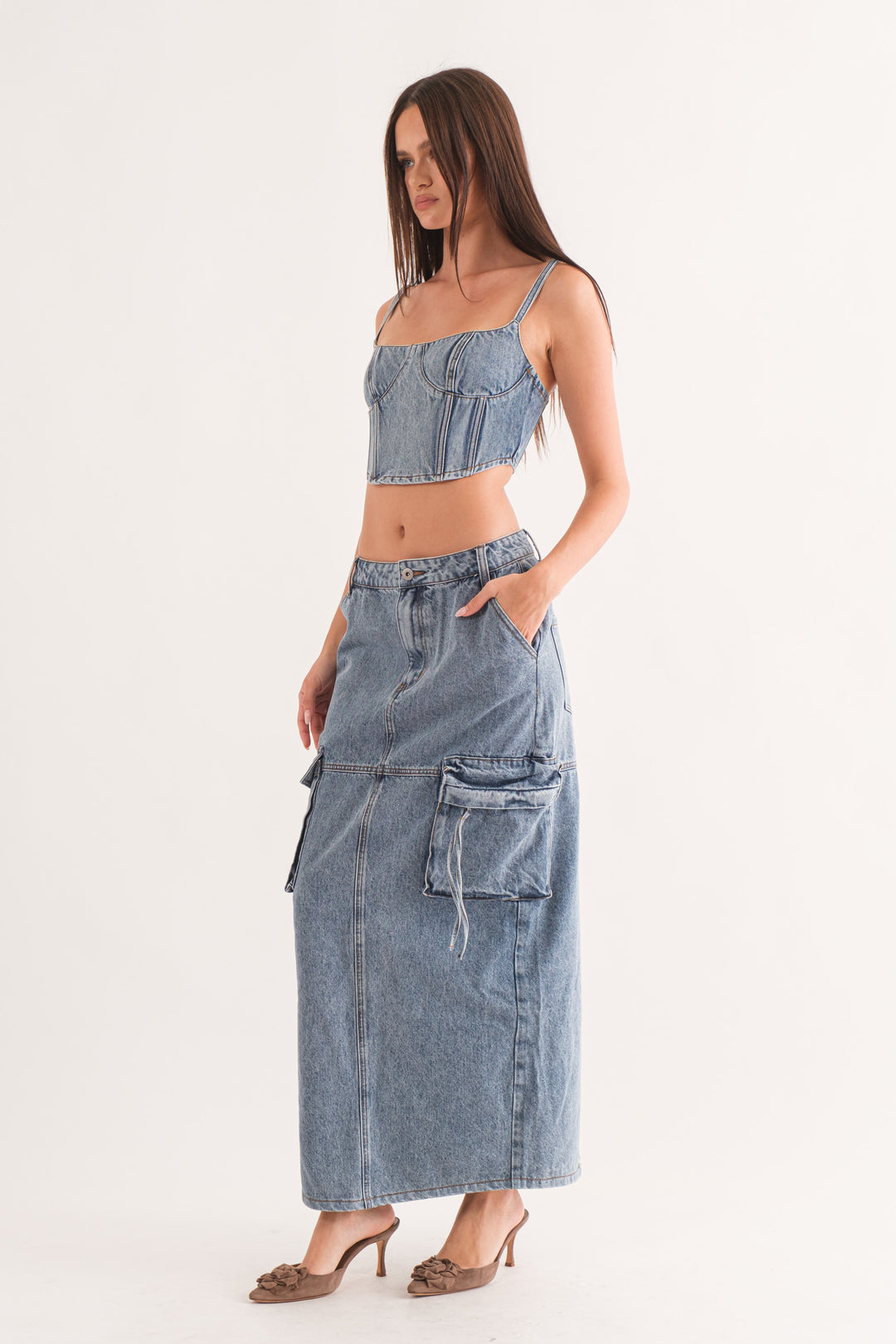 Tess Cropped Denim Bustier Top - Medium Wash