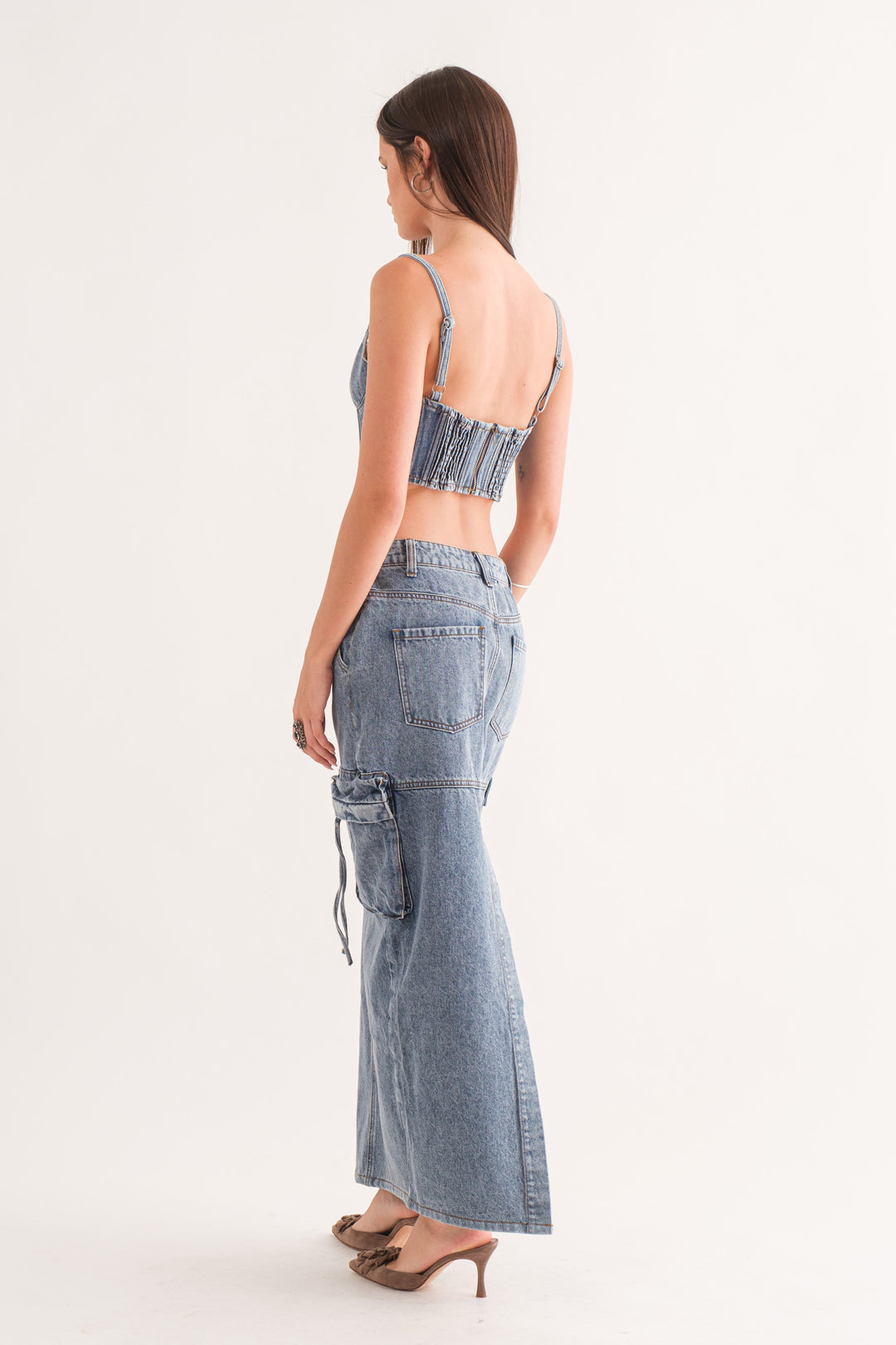 Tess Cropped Denim Bustier Top - Medium Wash