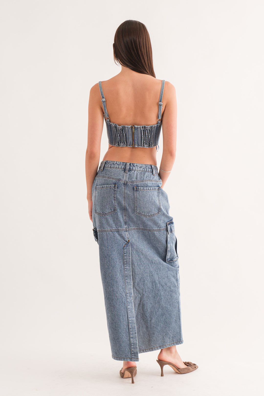 Tess Cropped Denim Bustier Top - Medium Wash