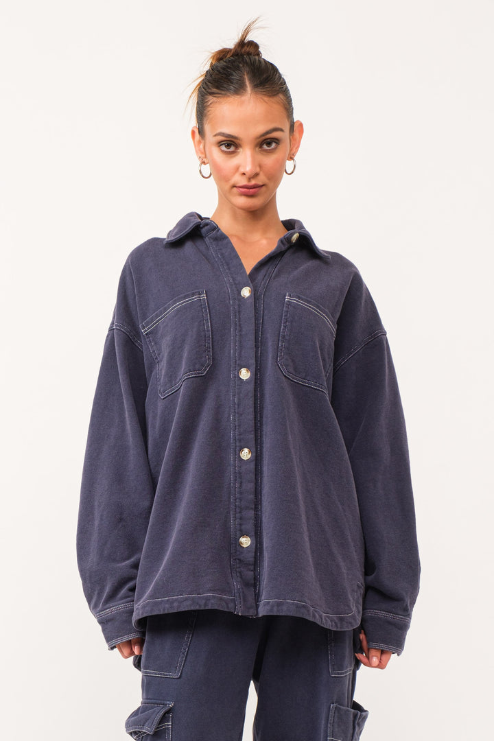 Karina Loop Terry Button-Up Utility Shirt - Navy