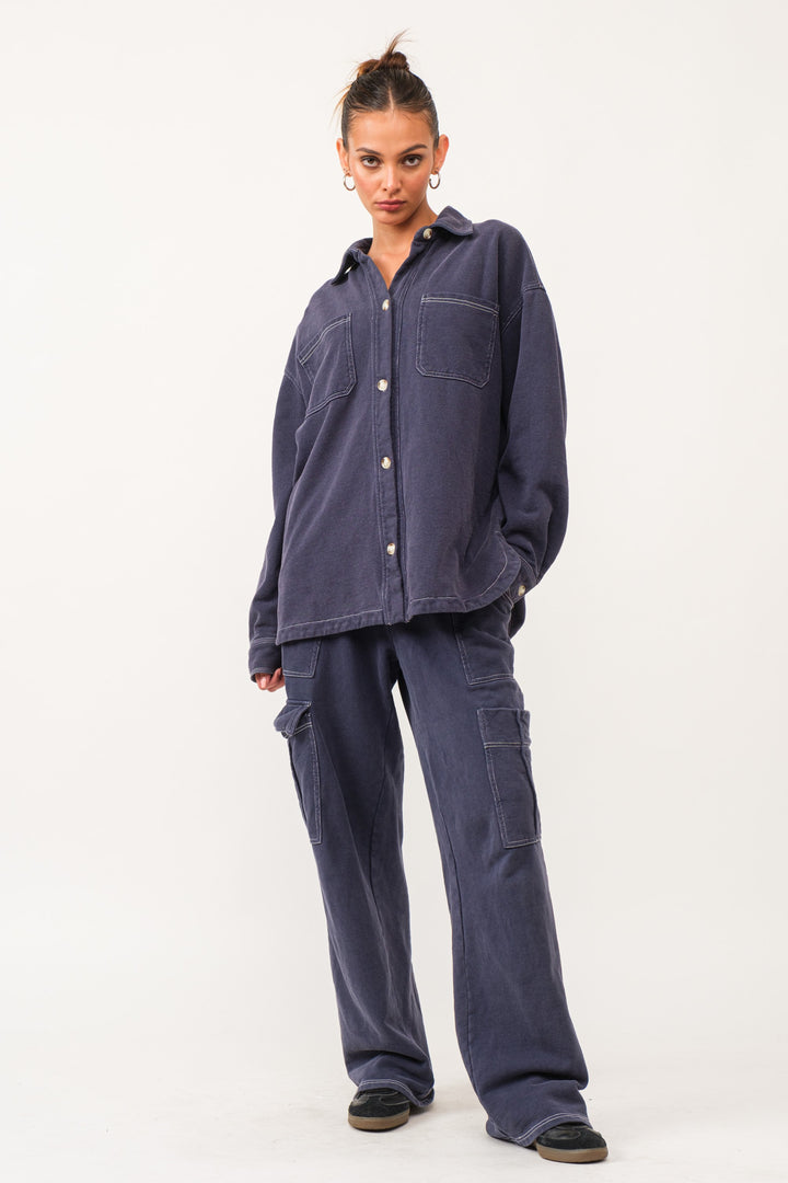 Karina Loop Terry Button-Up Utility Shirt - Navy