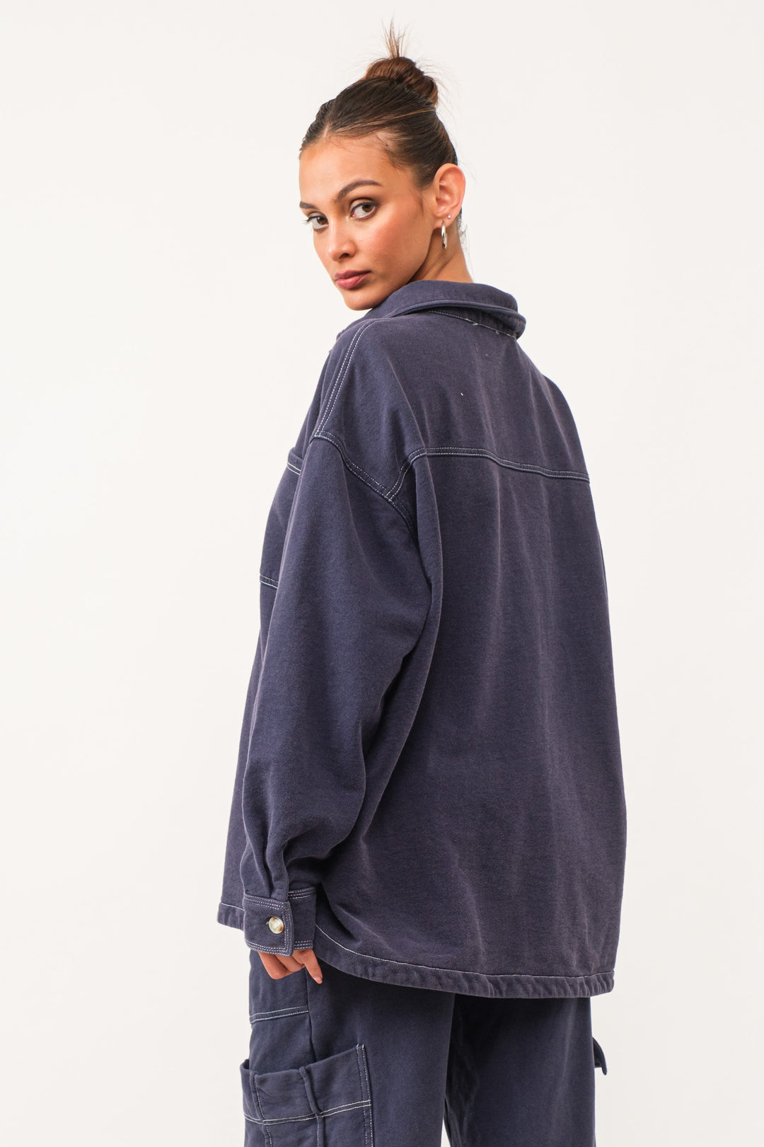 Karina Loop Terry Button-Up Utility Shirt - Navy