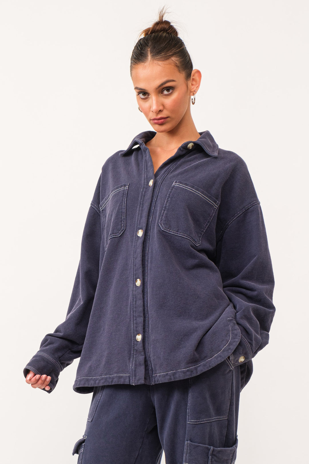 Karina Loop Terry Button-Up Utility Shirt - Navy