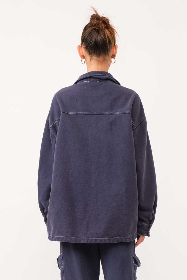 Karina Loop Terry Button-Up Utility Shirt - Navy