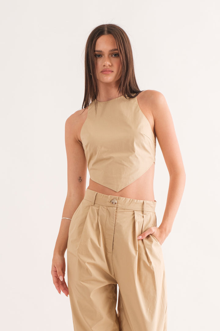 Alexa Highneck Scarf Hem Top - Khaki