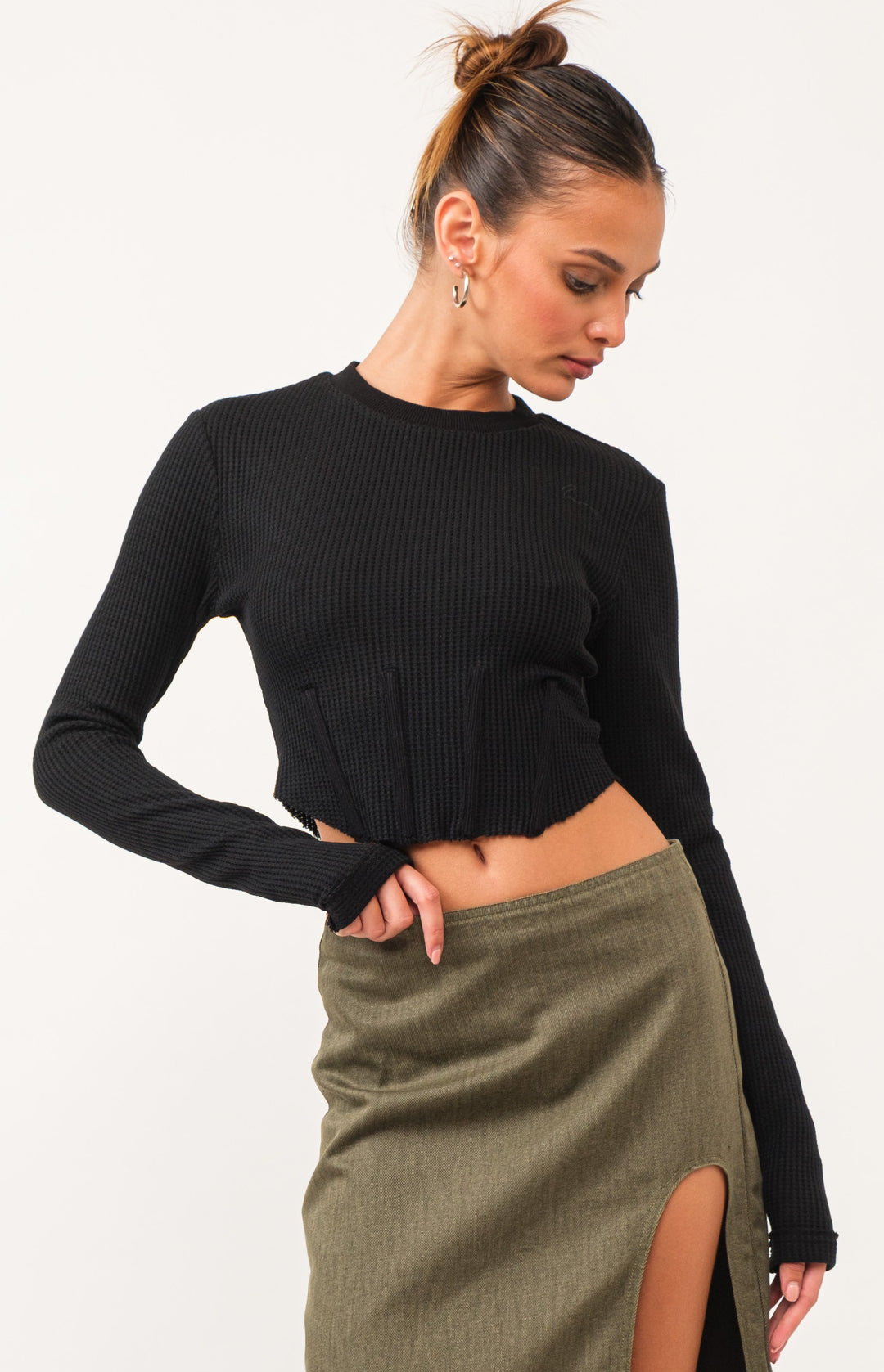 Raissa Long Sleeve Thermal Crop Top - Onyx